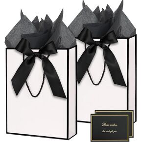 ZJHiome Gift Bags for Presents, 2 Pack Medium Paper Bags with Bow Ribbon Tissue Paper Cards Thank You Gift Bag with Handles for Christmas Holiday Birthday Shopping Bags(Black,White)