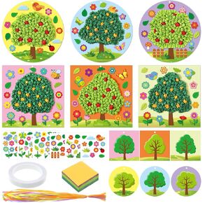 Funrous 24 Packs Spring Tree DIY Craft Kits Springtime Tissue Pom Pom Paper Craft Bulk Make Your Art Crafts Hanging Ornament Crinkle Tissue Leaf Classroom Decor for Spring Party Home Activity Gifts