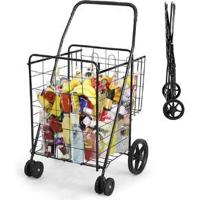 AUGESTER Grocery Utility Shopping Cart, Folding & Portable Shopping Cart with Double Basket and Swivel Wheels, Easily Collapsible & Heavy Duty Trolley for Grocery Laundry Book Luggage Travel (Black)