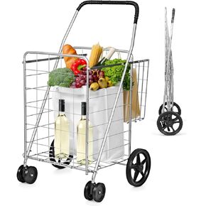 عربة التسوق في Augester STILITY ATTILITY ، عربة تسوق قابلة للطي مع سلة مزدوجة وعجلات دوارة ، عربات قابلة للانهيار والثقيلة بسهولة لالتقاط أمتعة غسيل للبقالة (أسود) in Kuwait