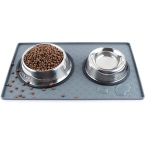 Coomazy Dog Food Mat, Silicone Waterproof Cat Feeding Mat Raised Edges, Nonslip Pet Placemat Bowl Tray to Stop Food Spills and Water Messes Out to Floor, 18.9x11.8 Grey