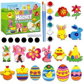 Lonfliness 16 Easter DIY Wooden Magnets Arts & Crafts Painting Kit for Kid Easter Bunny Egg Wooden Art Craft Supplies Coloring Magnets Ornaments for Easter Basket Stuffers Birthday Spring Party Favor