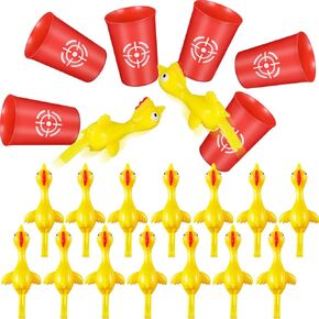 Chalyna 22 Pcs Flying Chicken Slingshot Include 16 Rubber Chicken Finger Toys 6 Dart Cups Easter Basket Stuffers Funny Gag Gift for Birthday Easter Party Favor Classroom Exchange Gifts