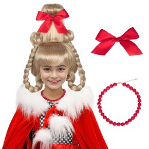 Cindy Who Wig for Girls Christmas Long Blonde Braids Hair with Red Bow and Necklace Cosplay Party Rigs