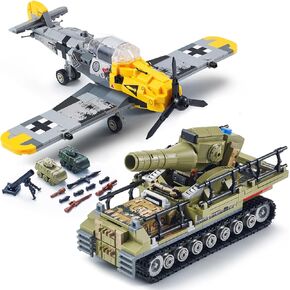 WW2 Military Toy Building Block Set, Compatible with Lego, Create The Karl Giant Mortar Tank and BF109 Fighter Plane, Perfect Military Toy Gift for Boys, and Teens Aged 8-14 (1015 Pieces)