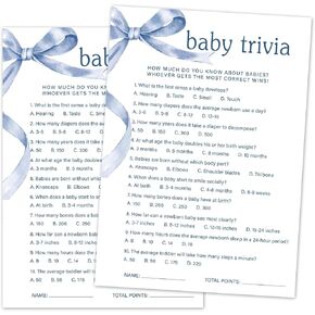 Baby Trivia Baby Shower Game Set, 30 Blue Bow Baby Shower Game Cards with 1 Answer Card, Game Cards for Baby Announcement Gender Reveal, Baby Shower Party & Activities Supplies -B02