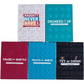 Party Game 5 Pack Bundle for Adults - Truth or Shots, Dare or Shots, Drunked Up, Naughty Never Have I, TXT or Drink.