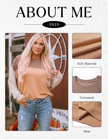 Womens Color Block Long Sleeve Crewneck Knitted Casual Loose Pullover Shirts Tops in Saudi Arabia