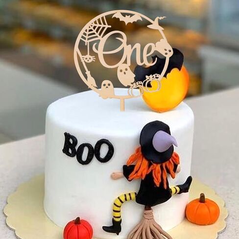 Wooden Halloween One Cake Topper - Spooky Haunted、Pumpkin、Spider、Bat Cake Topper Party Decoration, First/1st Halloween Themed cake Topper, Kids Birthday Supplies. in Saudi Arabia