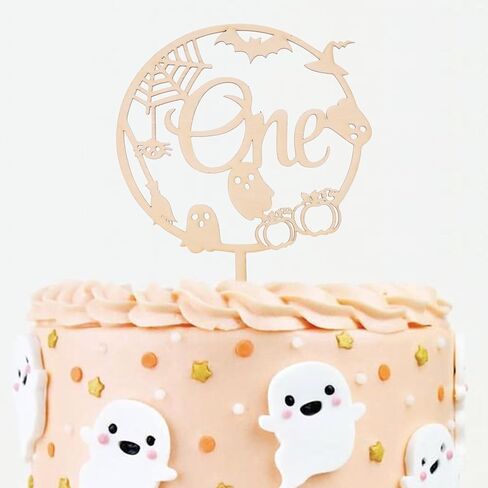 Wooden Halloween One Cake Topper - Spooky Haunted、Pumpkin、Spider、Bat Cake Topper Party Decoration, First/1st Halloween Themed cake Topper, Kids Birthday Supplies. in Saudi Arabia