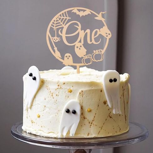 Wooden Halloween One Cake Topper - Spooky Haunted、Pumpkin、Spider、Bat Cake Topper Party Decoration, First/1st Halloween Themed cake Topper, Kids Birthday Supplies. in Saudi Arabia