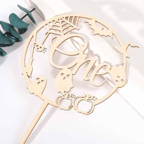 Wooden Halloween One Cake Topper - Spooky Haunted、Pumpkin、Spider、Bat Cake Topper Party Decoration, First/1st Halloween Themed cake Topper, Kids Birthday Supplies. in Saudi Arabia