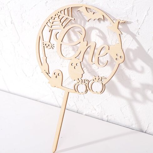 Wooden Halloween One Cake Topper - Spooky Haunted、Pumpkin、Spider、Bat Cake Topper Party Decoration, First/1st Halloween Themed cake Topper, Kids Birthday Supplies. in Saudi Arabia