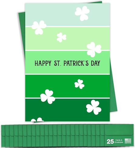 Happy St. Patrick's Day Cards for Family & Business (Shamrocks & Stripes) Saint Patrick Bulk Greeting Card Set Pack of 25 with Green Envelopes (5x7 inch - A7) Office, Work, Employees & Clients SPD100 in Saudi Arabia