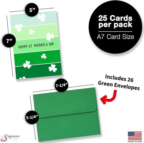 Happy St. Patrick's Day Cards for Family & Business (Shamrocks & Stripes) Saint Patrick Bulk Greeting Card Set Pack of 25 with Green Envelopes (5x7 inch - A7) Office, Work, Employees & Clients SPD100 in Saudi Arabia
