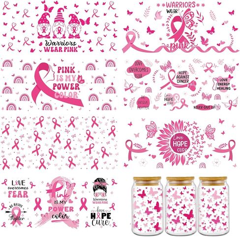 UV DTF Cup Wrap - 8 صفائح توعية بسرطان الثدي UV DTF Cup لفات ل 16 أوقية الشريط الوردي UV DTF يلف شارات UVDTF مخصصة لملصقات الكؤوس الزجاجية DIY الخشب in Kuwait
