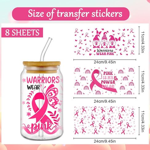 UV DTF Cup Wrap - 8 صفائح توعية بسرطان الثدي UV DTF Cup لفات ل 16 أوقية الشريط الوردي UV DTF يلف شارات UVDTF مخصصة لملصقات الكؤوس الزجاجية DIY الخشب in Kuwait