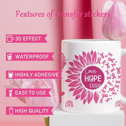 UV DTF Cup Wrap - 8 صفائح توعية بسرطان الثدي UV DTF Cup لفات ل 16 أوقية الشريط الوردي UV DTF يلف شارات UVDTF مخصصة لملصقات الكؤوس الزجاجية DIY الخشب in Kuwait