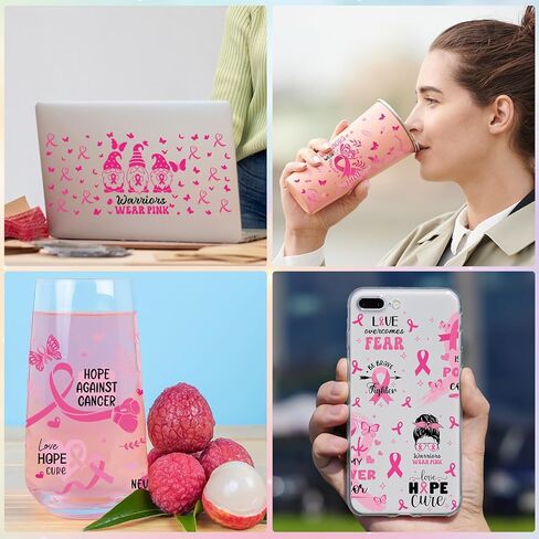 UV DTF Cup Wrap - 8 صفائح توعية بسرطان الثدي UV DTF Cup لفات ل 16 أوقية الشريط الوردي UV DTF يلف شارات UVDTF مخصصة لملصقات الكؤوس الزجاجية DIY الخشب in Kuwait