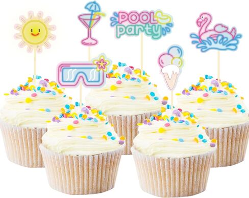 30 Pack Summer Pool Party Cupcake Toppers Neon Pool Party Decorations Picks for Hawaii Beach Pool Theme Wedding Baby Shower Birthday Party Supplies (Pool) in Saudi Arabia