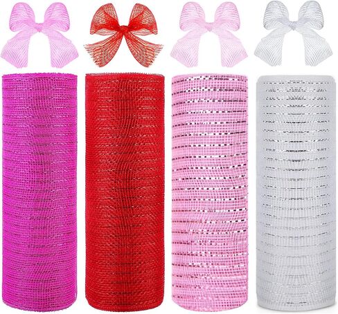 4 Roll Easter Poly Mesh Ribbon, 10 Inch x 30 Feet Metallic Poly Mesh Ribbon Pink Green and Yellow Glitter Foil Mesh Ribbon Decorative Mesh Rolls for DIY Wreath Crafts Party Decoration in Saudi Arabia
