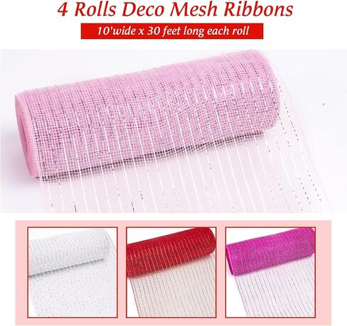4 Roll Easter Poly Mesh Ribbon, 10 Inch x 30 Feet Metallic Poly Mesh Ribbon Pink Green and Yellow Glitter Foil Mesh Ribbon Decorative Mesh Rolls for DIY Wreath Crafts Party Decoration in Saudi Arabia