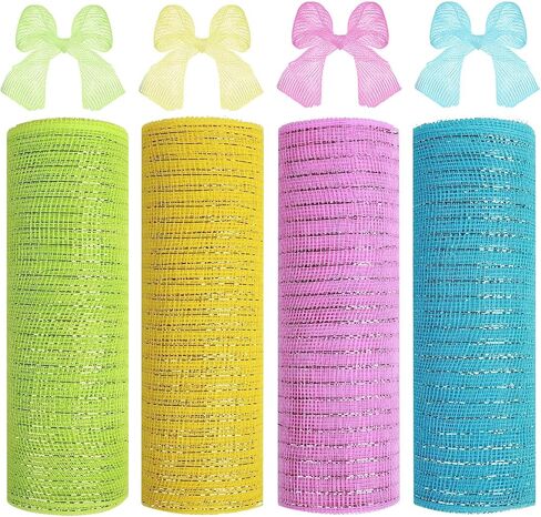 4 Roll Easter Poly Mesh Ribbon, 10 Inch x 30 Feet Metallic Poly Mesh Ribbon Pink Green and Yellow Glitter Foil Mesh Ribbon Decorative Mesh Rolls for DIY Wreath Crafts Party Decoration in Saudi Arabia
