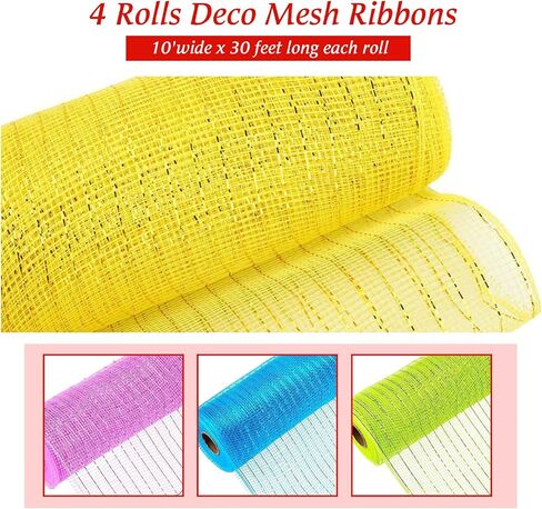 4 Roll Easter Poly Mesh Ribbon, 10 Inch x 30 Feet Metallic Poly Mesh Ribbon Pink Green and Yellow Glitter Foil Mesh Ribbon Decorative Mesh Rolls for DIY Wreath Crafts Party Decoration in Saudi Arabia