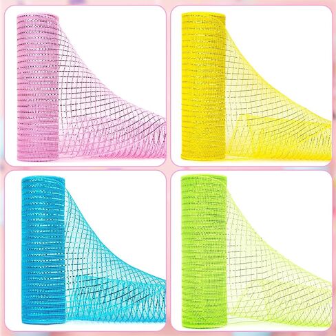 4 Roll Easter Poly Mesh Ribbon, 10 Inch x 30 Feet Metallic Poly Mesh Ribbon Pink Green and Yellow Glitter Foil Mesh Ribbon Decorative Mesh Rolls for DIY Wreath Crafts Party Decoration in Saudi Arabia