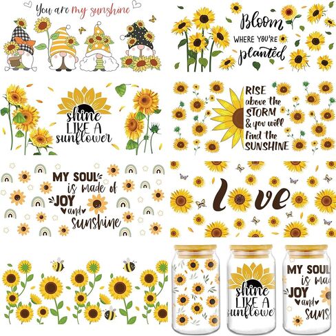 لفائف كوب Afritee UV DTF - 8 أوراق بنية مرتفعة البقر كاريب كارتون كارتون عاشق الأشعة فوق البنفسجية DTF Cup Transfers ملصقات شارات مقاومة للماء للزجاج ، عباد الشمس المرتفعات UV DTF فرك على القش الحرف in Kuwait