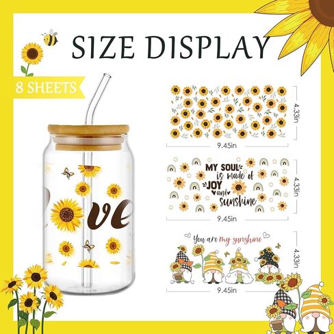 لفائف كوب Afritee UV DTF - 8 أوراق بنية مرتفعة البقر كاريب كارتون كارتون عاشق الأشعة فوق البنفسجية DTF Cup Transfers ملصقات شارات مقاومة للماء للزجاج ، عباد الشمس المرتفعات UV DTF فرك على القش الحرف in Kuwait