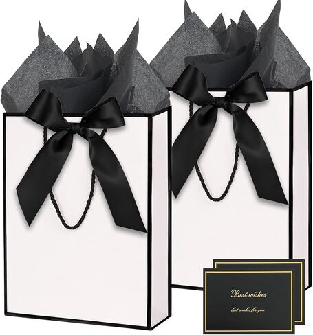ZJHiome Gift Bags for Presents, 2 Pack Medium Paper Bags with Bow Ribbon Tissue Paper Cards Thank You Gift Bag with Handles for Christmas Holiday Birthday Shopping Bags(Black,White) in Kuwait
