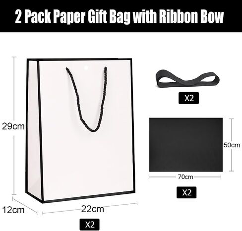 ZJHiome Gift Bags for Presents, 2 Pack Medium Paper Bags with Bow Ribbon Tissue Paper Cards Thank You Gift Bag with Handles for Christmas Holiday Birthday Shopping Bags(Black,White) in Kuwait