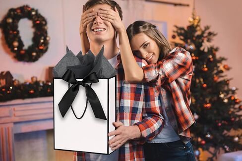 ZJHiome Gift Bags for Presents, 2 Pack Medium Paper Bags with Bow Ribbon Tissue Paper Cards Thank You Gift Bag with Handles for Christmas Holiday Birthday Shopping Bags(Black,White) in Kuwait