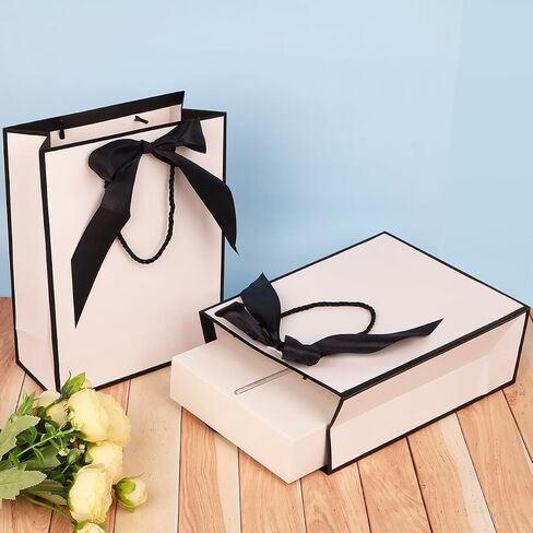 ZJHiome Gift Bags for Presents, 2 Pack Medium Paper Bags with Bow Ribbon Tissue Paper Cards Thank You Gift Bag with Handles for Christmas Holiday Birthday Shopping Bags(Black,White) in Kuwait