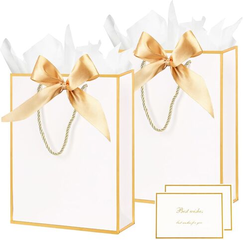 ZJHiome Gift Bags for Presents, 2 Pack Medium Paper Bags with Bow Ribbon Tissue Paper Cards Thank You Gift Bag with Handles for Christmas Holiday Birthday Shopping Bags(Black,White) in Kuwait