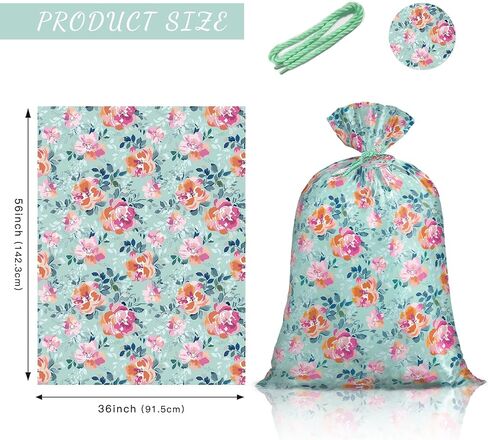 Loveinside Jumbo Large Plastic Gift Bag, Floral Design Plastic Bag with Tag and Tie for Birthday, Mother's Day, Wedding - 56" x 36", 1 Pcs - Mint Flower in Kuwait