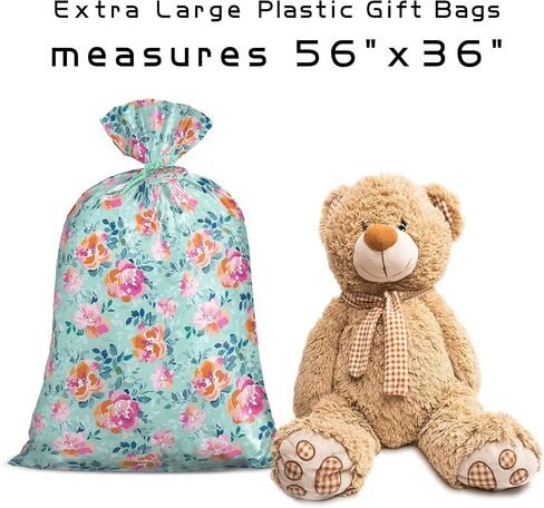 Loveinside Jumbo Large Plastic Gift Bag, Floral Design Plastic Bag with Tag and Tie for Birthday, Mother's Day, Wedding - 56" x 36", 1 Pcs - Mint Flower in Kuwait