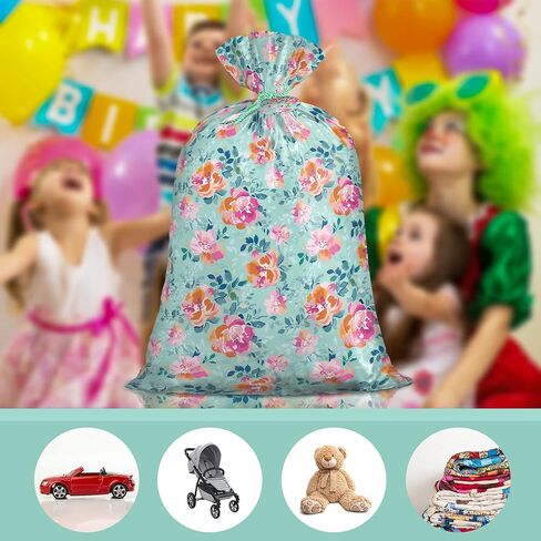 Loveinside Jumbo Large Plastic Gift Bag, Floral Design Plastic Bag with Tag and Tie for Birthday, Mother's Day, Wedding - 56" x 36", 1 Pcs - Mint Flower in Kuwait