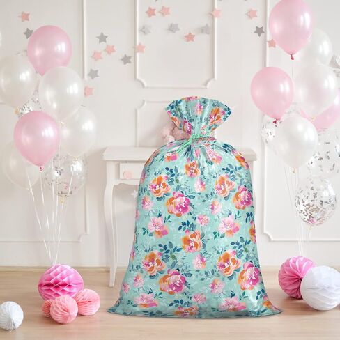 Loveinside Jumbo Large Plastic Gift Bag, Floral Design Plastic Bag with Tag and Tie for Birthday, Mother's Day, Wedding - 56" x 36", 1 Pcs - Mint Flower in Kuwait
