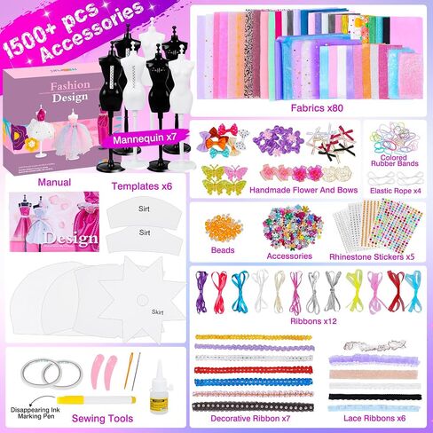 800+Pcs Fashion Designer Kit for Girls, Sewing Kit with 4 Mannequins, DIY Arts and Crafts Kit for Kids, Doll Clothes Making Kit, Girl Toys for Age 6 7 8 9 10 11 12 Year Old Gifts in Kuwait