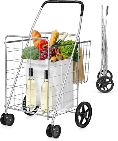 عربة التسوق في Augester STILITY ATTILITY ، عربة تسوق قابلة للطي مع سلة مزدوجة وعجلات دوارة ، عربات قابلة للانهيار والثقيلة بسهولة لالتقاط أمتعة غسيل للبقالة (أسود) in Kuwait