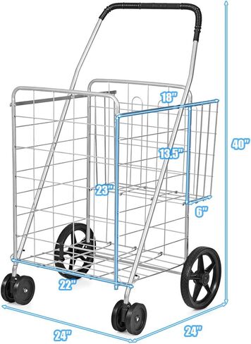 عربة التسوق في Augester STILITY ATTILITY ، عربة تسوق قابلة للطي مع سلة مزدوجة وعجلات دوارة ، عربات قابلة للانهيار والثقيلة بسهولة لالتقاط أمتعة غسيل للبقالة (أسود) in Kuwait