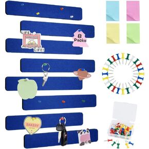 Vuzvuv 8Pcs Black White Grey Cork Board Bar Strips with 50 Pushpins & 10 Wooden Clip pins, Bulletin Board Strips for Wall, Felt Pin Board for School, Office Decor