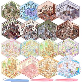 3D Sticker Scene, DIY 3D House Sticker, Make Your Own Mini Supermarket Coffee Restaurant Bookstore... Cute Cartoon Scene Sticker for Adult Relief Stress Pass The Time (Set 16)