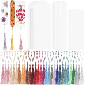 Lurrose Acrylic Blank Bookmark, 30 Sets Clear Acrylic Craft Bookmarks with Tassels, Book Mark Making Kits for DIY Projects and Present Tags