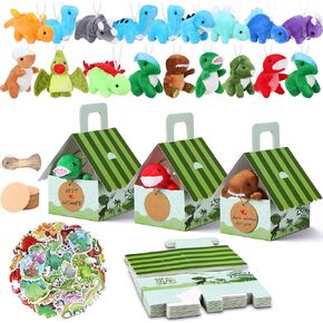 Spakon 72 Pcs Dinosaur Party Favors for Boys and Girls Includes 12 Sets Mini Dinosaur Stuffed Animals Plush Keychains Gift Box House Stickers Adopt a Dinosaur Party Favor for Dinosaur Birthday Favors