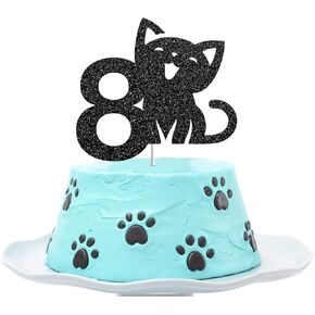 Cat Eight Cake Topper, Happy 8th Birthday Cake Decor, I'm Eight Sign, Kitty Birthday Party Decoration Supplies, Meow Sign, Pet Themed - Black Glitter
