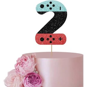 Video Game Two Cake Topper for Boy 2nd Birthday Party Decor, Red&Blue Glitter Game Controller 2 Years Old Cake Topper, Gaming Themed 2nd Anniversary Party Decoration Supplies