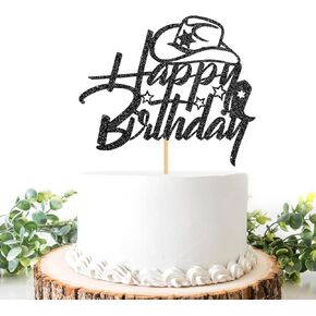 Black Glitter Western Theme Happy Birthday Cake Topper, Mexican Cowboy Cowgirl Birthday Party Decoration, First Rodeo Baby Shower Cake Decor for Kids Birthday Party Supplies